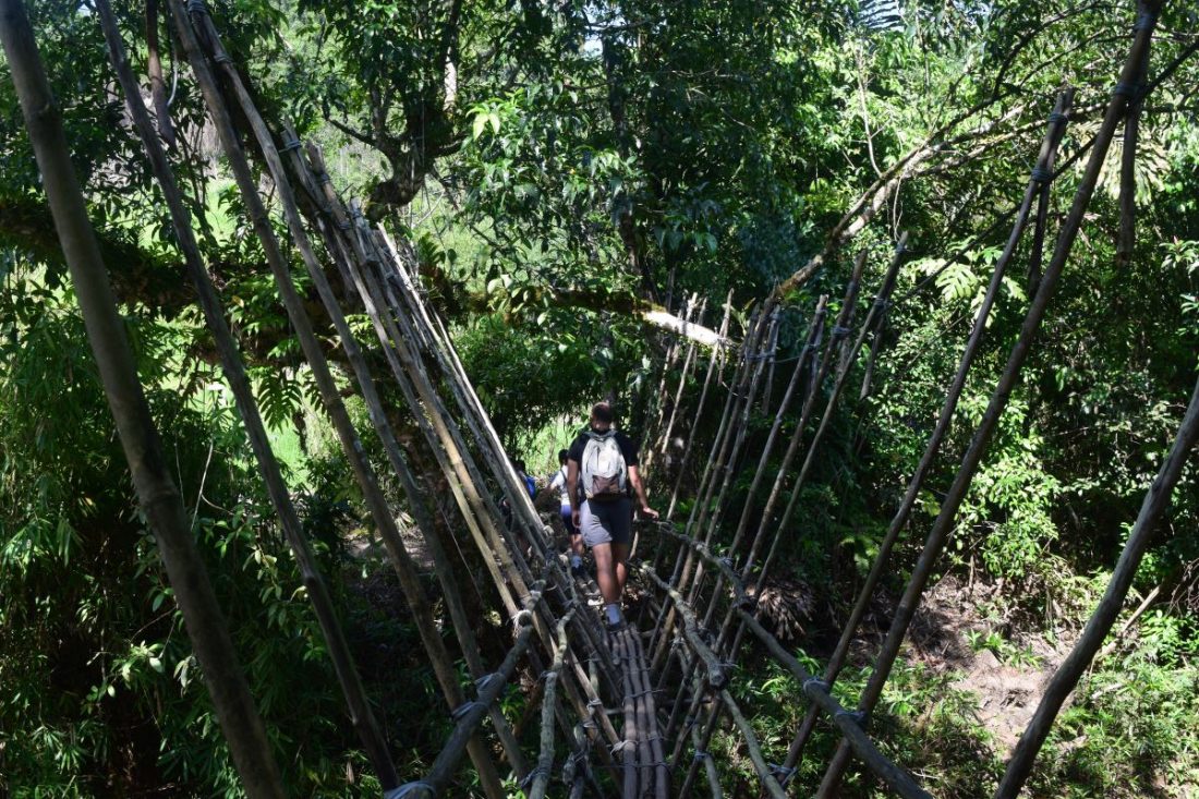 Crossing bamboo bridge in Bengoh Range with Backyard Tour Malaysia